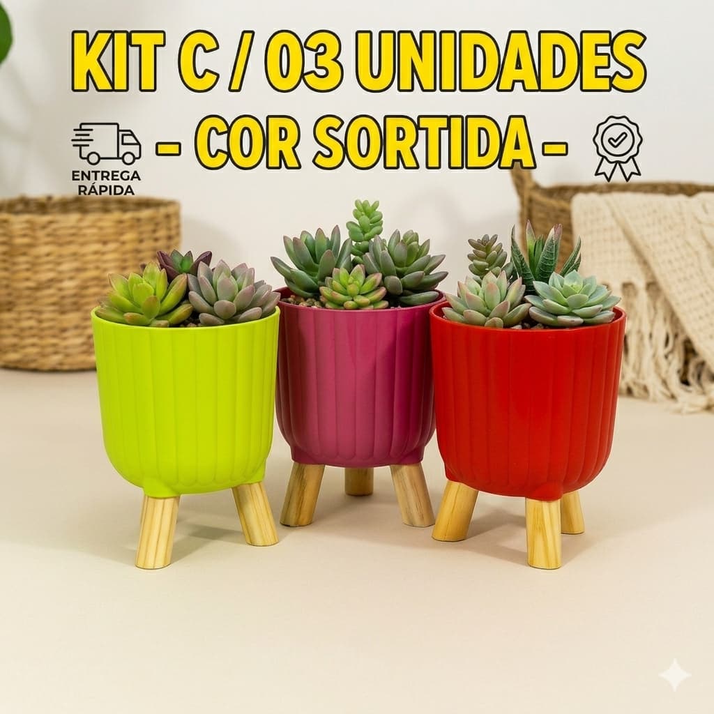 Kit c/ 3 Cachepots Tripé – Cores Sortidas – Compatível com Vaso Nº 13 🌿✨