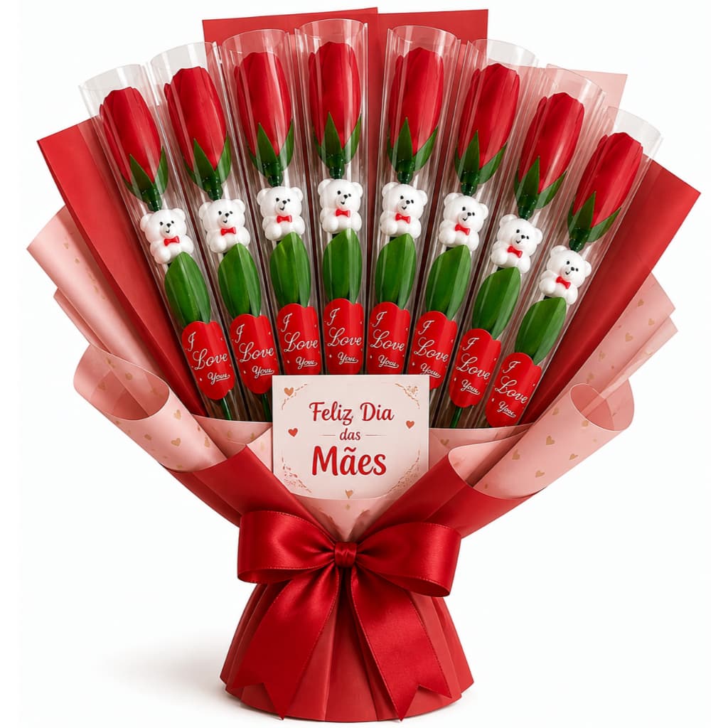 20 Rosa Artificial com ursinho Com Embalagem Presente Dia das Mães Especial Elegante Kit até 20 Und