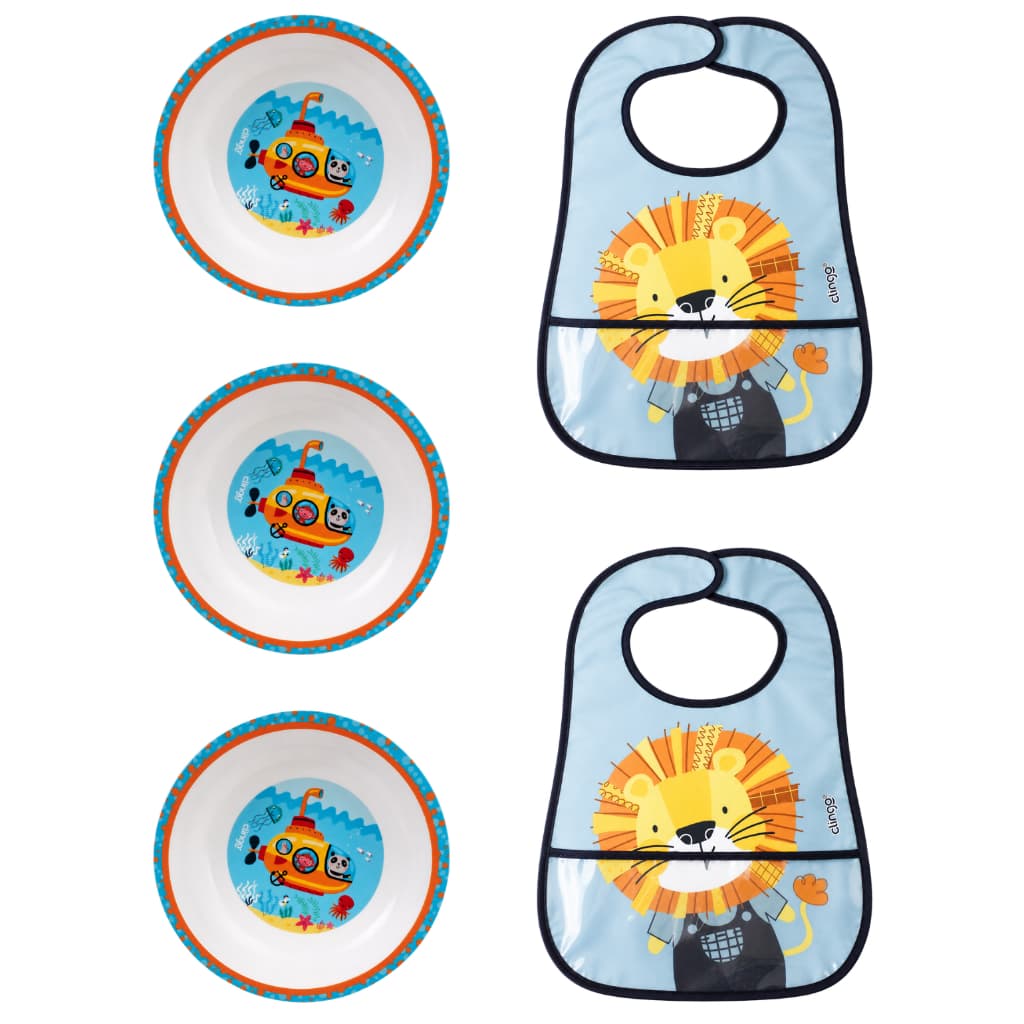 Kit 3 Tigelas Fundo Mar + 2 Babadores Impermeáveis Leão Prato Infantil BOLW Refeição Menino