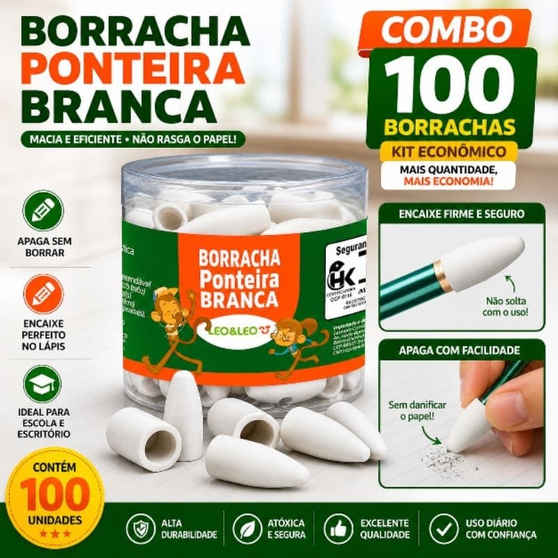Kit Borracha Ponteira 48 100 200 Leo&Leo Macia Apaga Sem Manchar Encaixe Seguro Escolar escritório