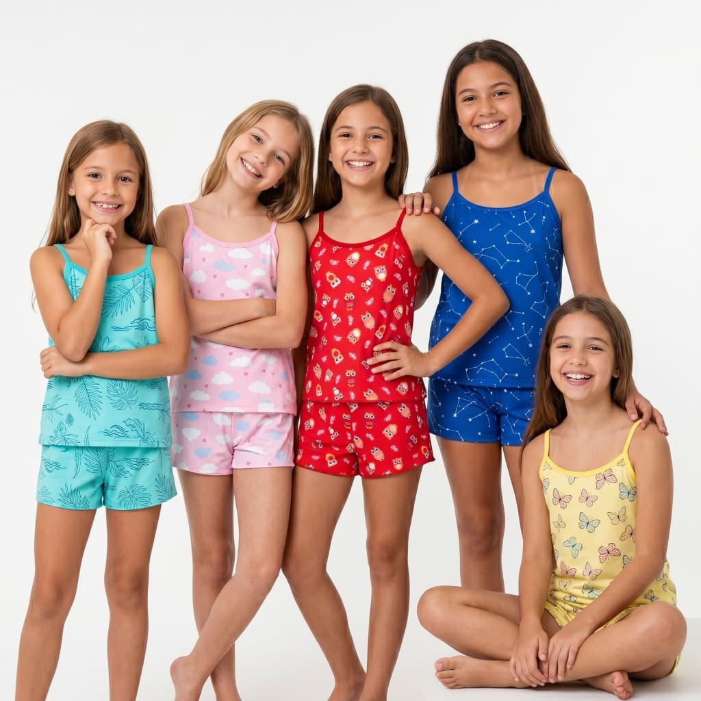 Kit 5 pijamas short doll infantil menina moça estampados.