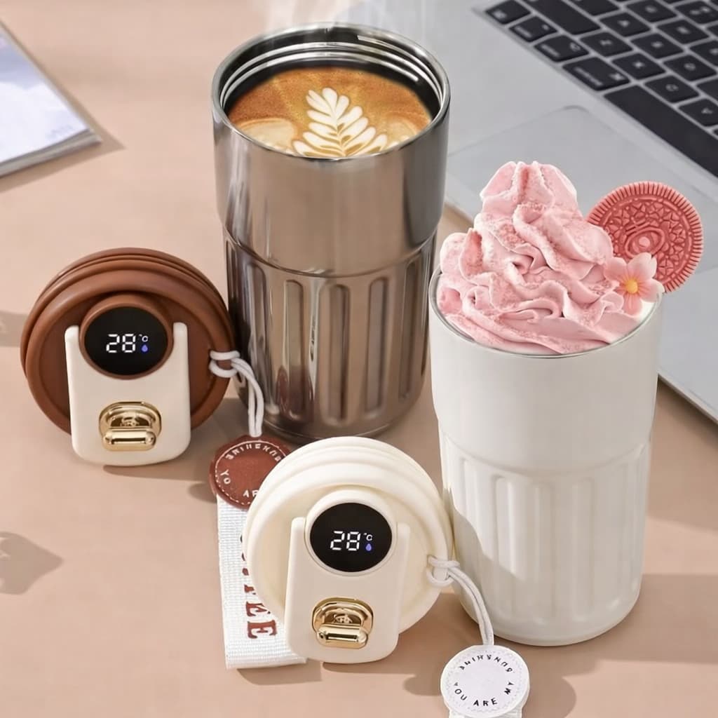 Copo Térmico Cafe 450 ml Inox com Display Digital e Tampa com Trava – Mantém Temperatura por Horas