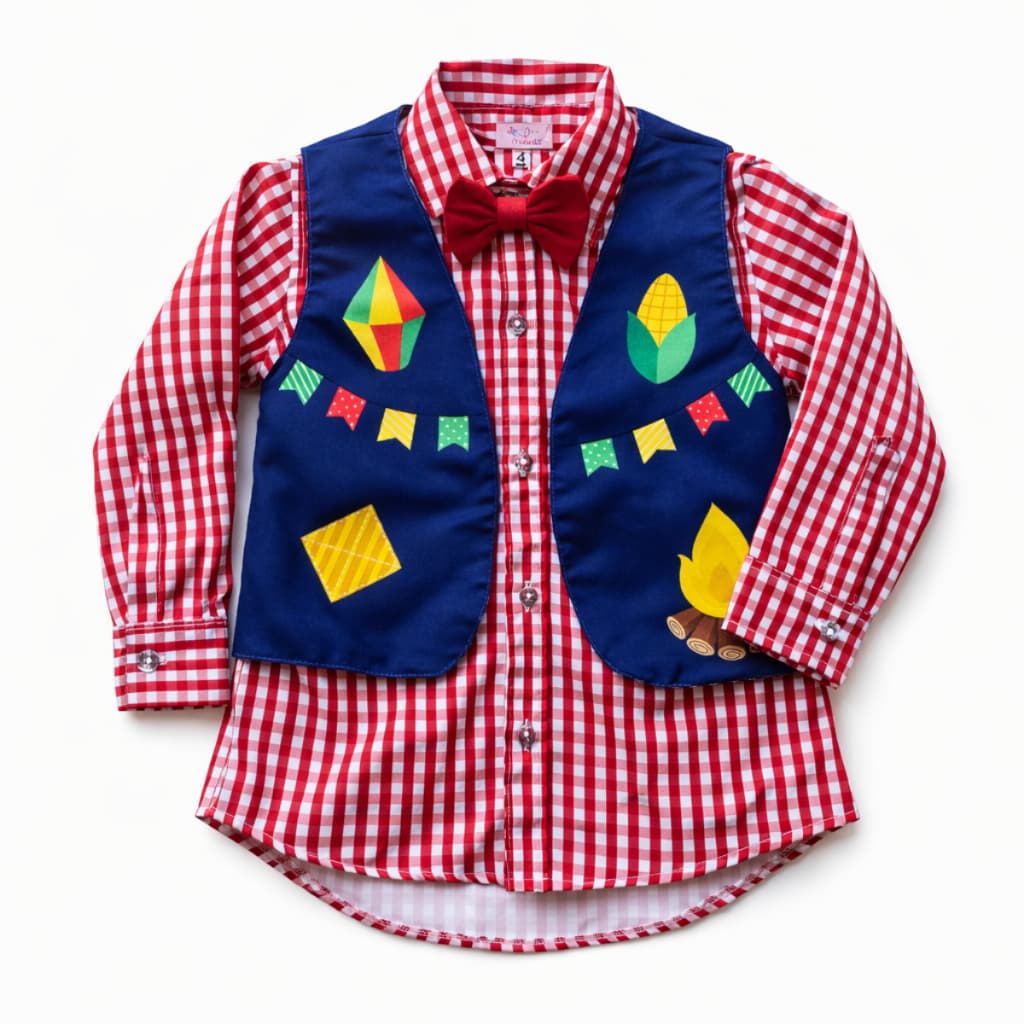 Conjunto Infantil Masculino Festa Junina Colete Azul + Camisa Xadrez Vermelha Caipira com Gravata