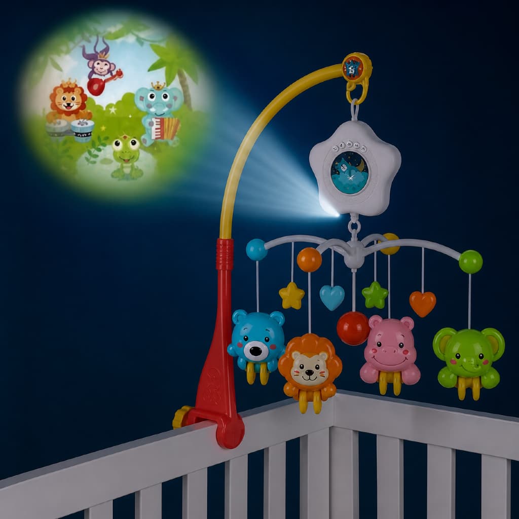 Móbile Berço Musical c/ Projetor Parede Som Bebê Giratório Animais Baby