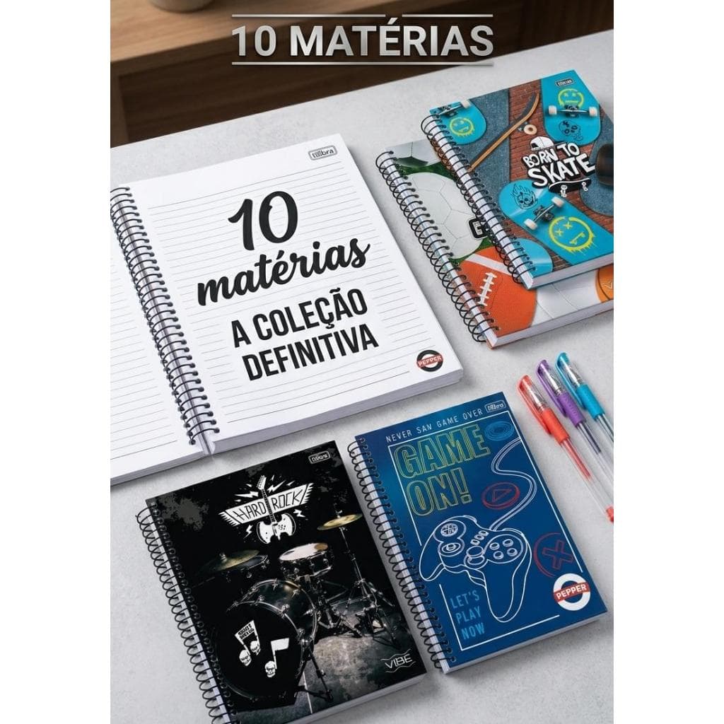 Caderno Tilibra 10 Matérias 160 Folhas Capa Dura Cadernos Universal Espiral Música Esportes Gamer Rock Skate