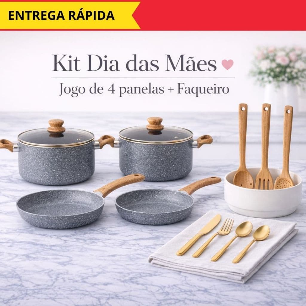 Jogo de 4 Panelas e Utensílios + 24 Talheres Dourado Luxo Completo Presente Dia das Mães