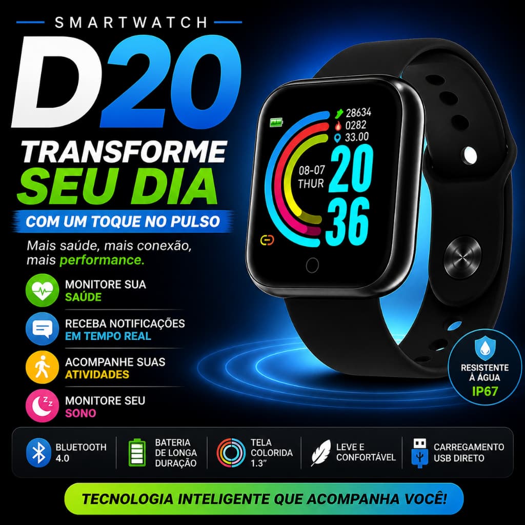 Smartwatch D20 Preto Relógio Inteligente Bluetooth Android iPhone Fitness IP67 Barato