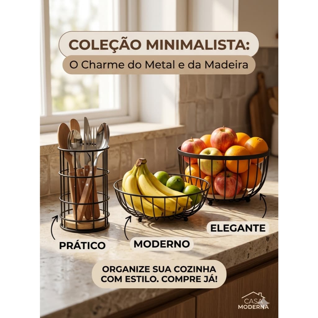 Kit Fruteiras e Porta Talheres Aramado Preto com Madeira