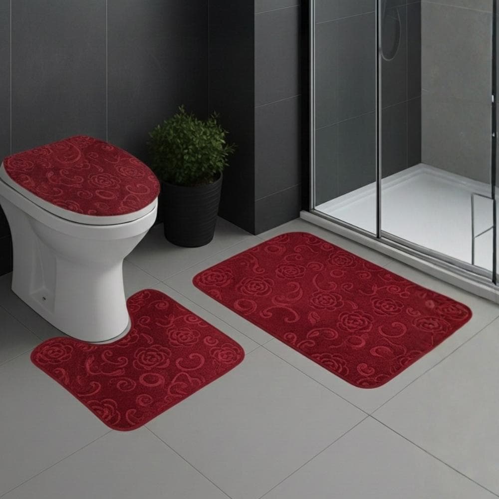 Kit Tapete Banheiro 3 Peças Estampado Floral Base Antiderrapante Luxo