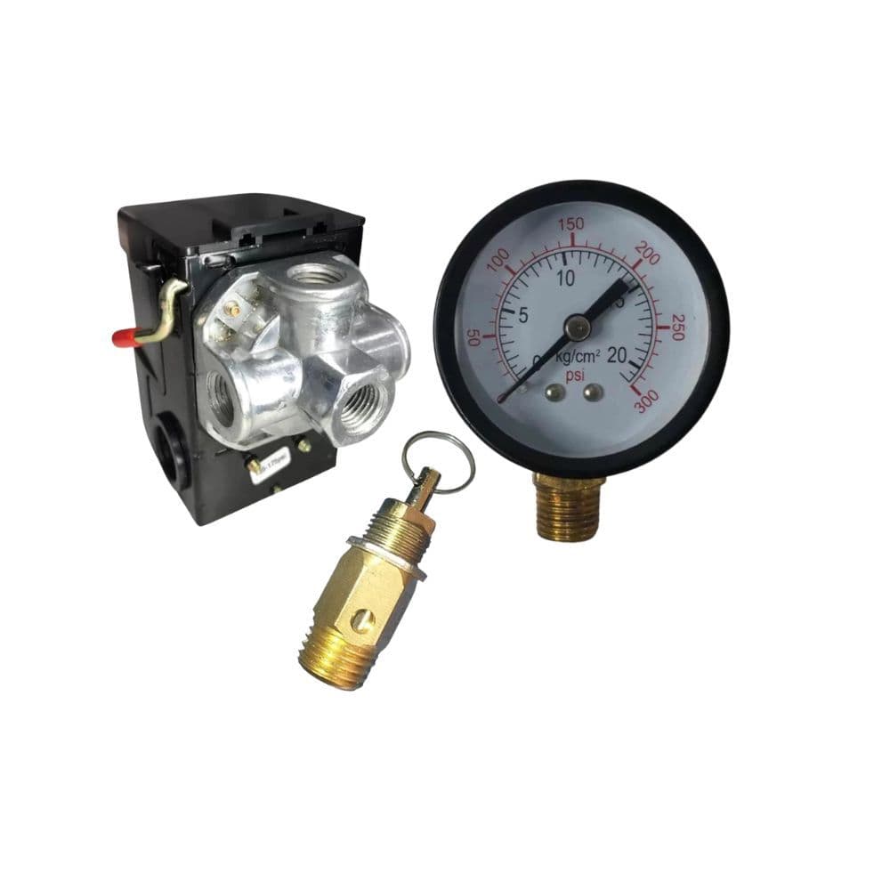 Kit Cabeçote Compressor 10 Pés 1/4 NPT – Pressostato 80/120 PSI + Válvula + Manômetro