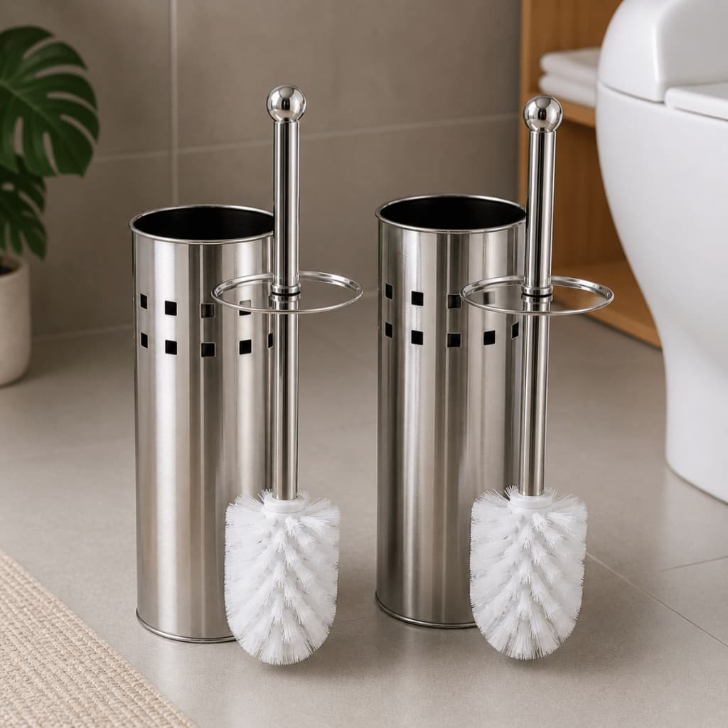 Kit 2x Escova Sanitária Vaso Limpeza Privada Em Aço Inox C/ Suporte