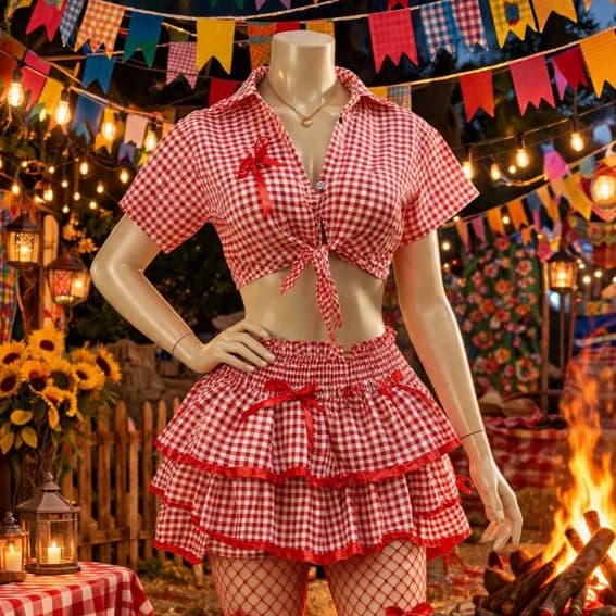 Conjunto Saia e Blusa Amarrar Xadrez Caipira São João Feminina Festa Junina Arraiá Mulher