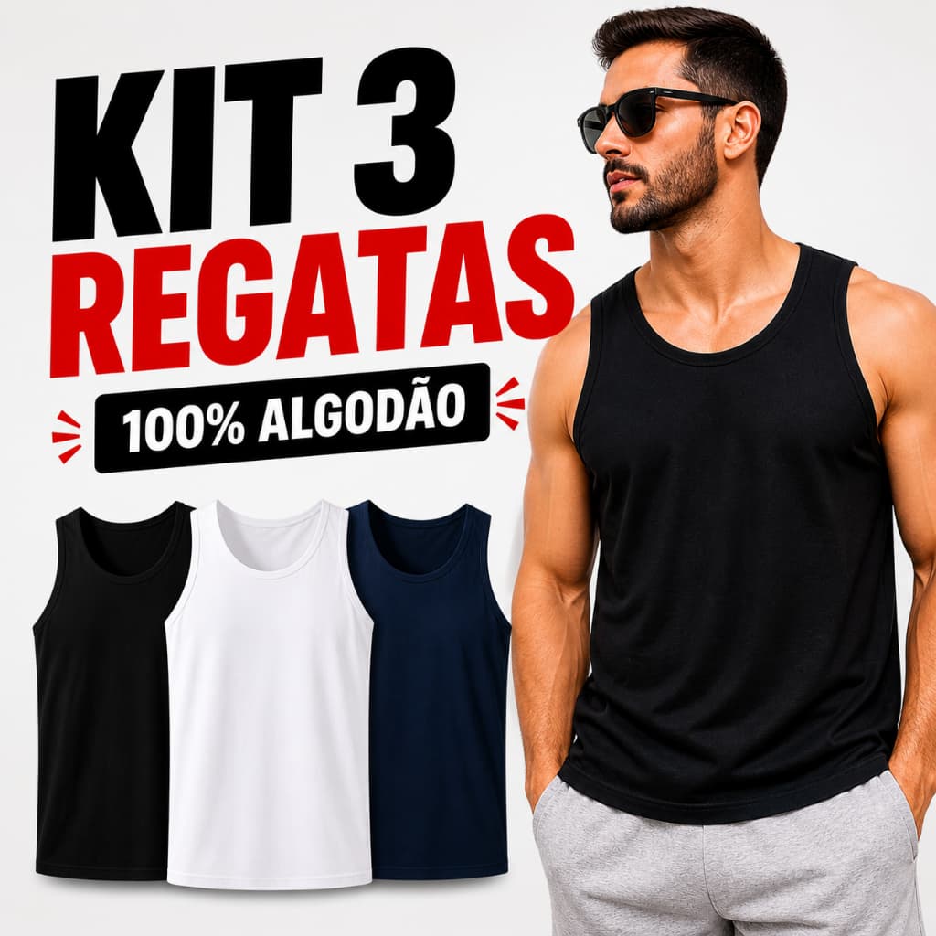 Kit 3 Regatas Masculinas 100% Algodão Premium Confortável Academia Dia a Dia