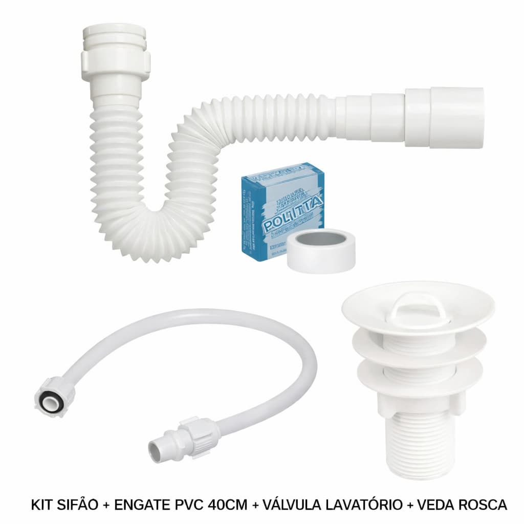 KIT Sifão + Engate Flexível 40cm + Veda Rosca + Válvula Lavatório PVC Branco Krona