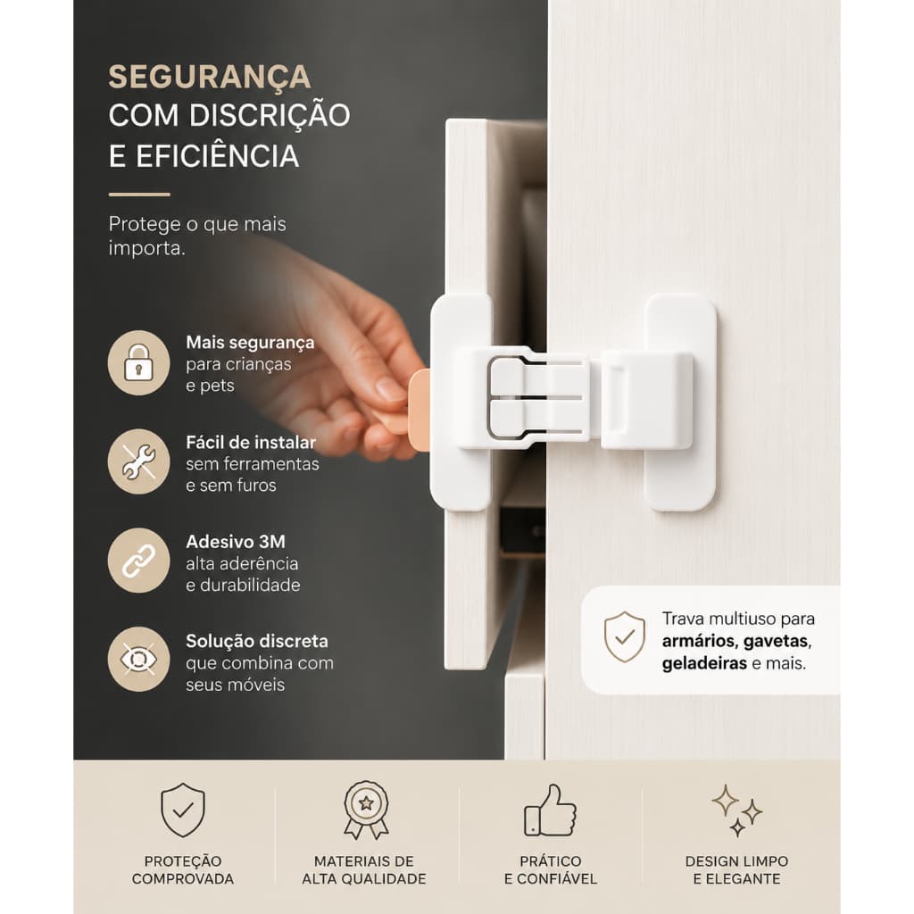 Trava Infantil Segurança Multiuso com Adesivo | Bloqueio para Armário, Geladeira e Gavetas | Proteção Bebê e Pet