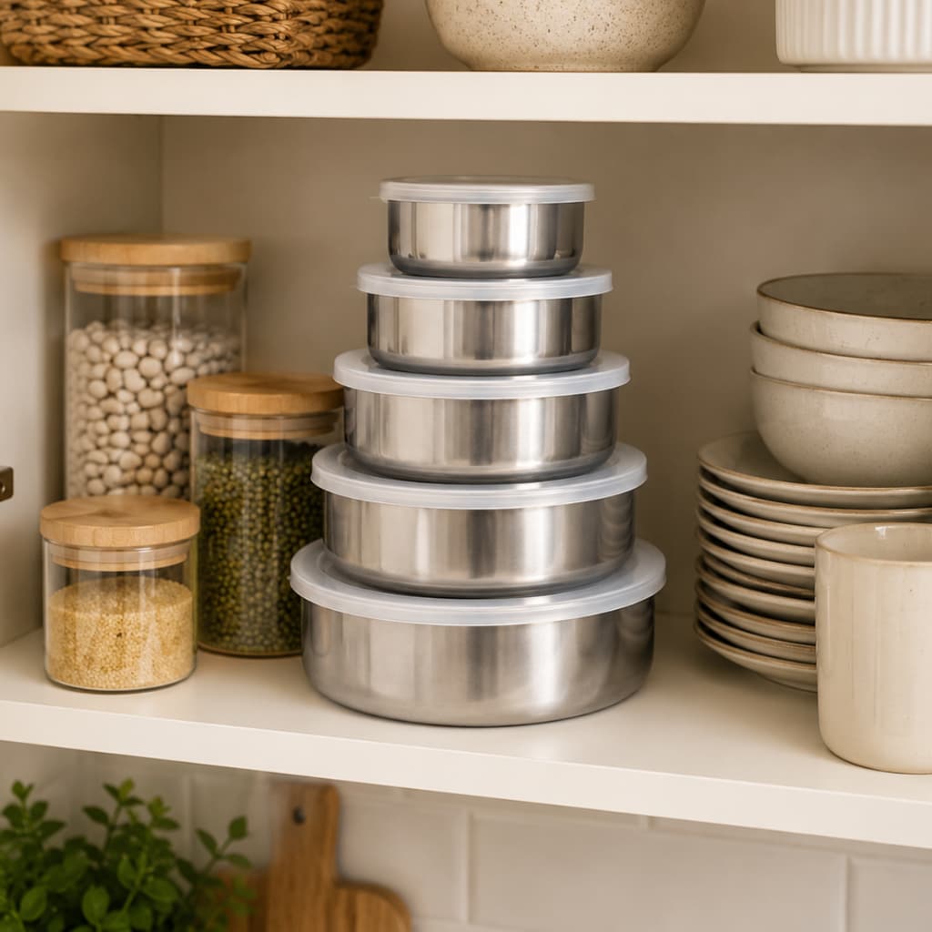 Kit Potes de Inox com Tampa 5 Unidades para Armazenamento de Alimentos