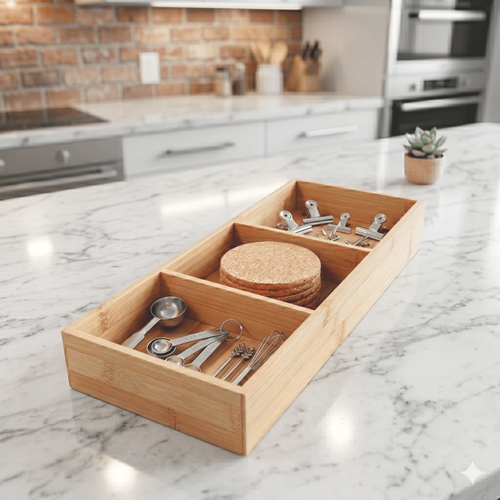 Organizador de Gaveta para Talheres 3 Divisões Empilhável Bambu Ajustável Cozinha Armário Planejado