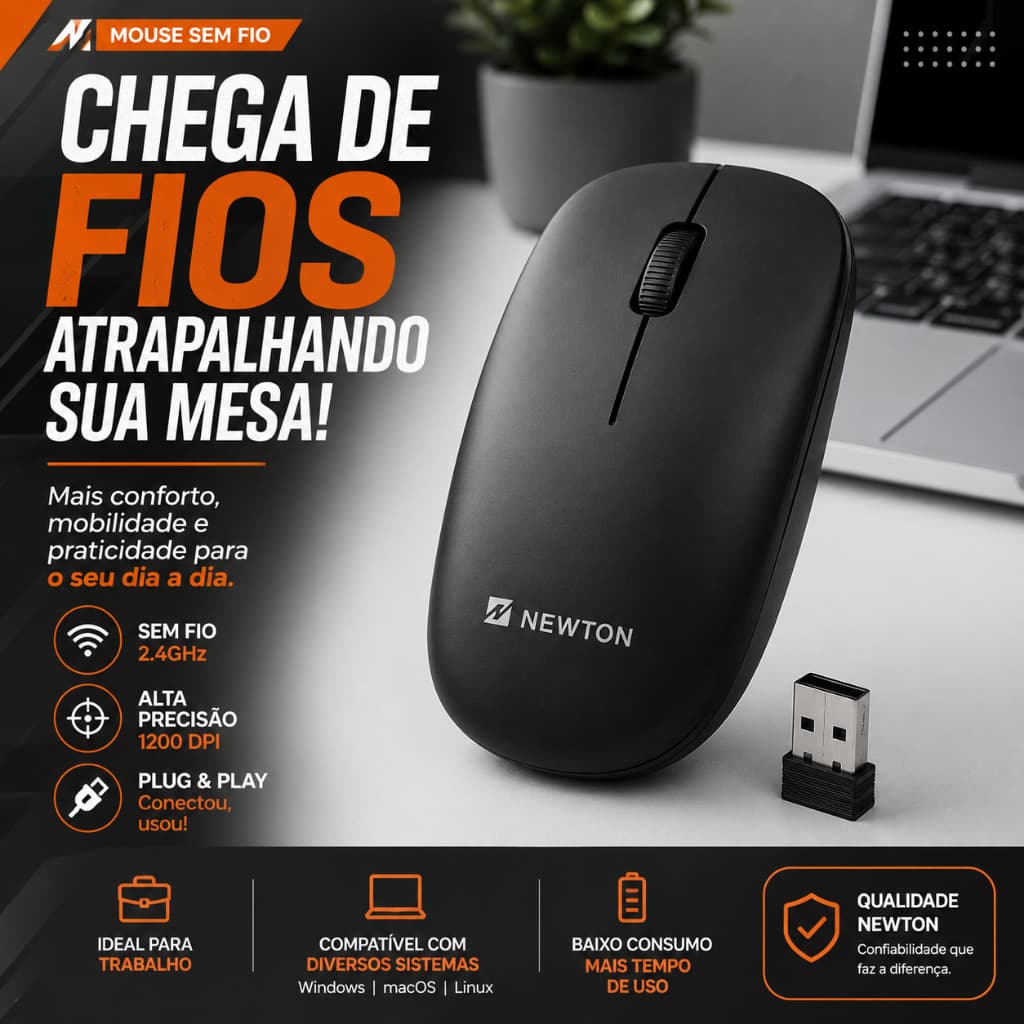 Mouse Sem Fio Preto 2.4GHz USB Óptico Portátil Ergonômico Notebook PC NMS-007
