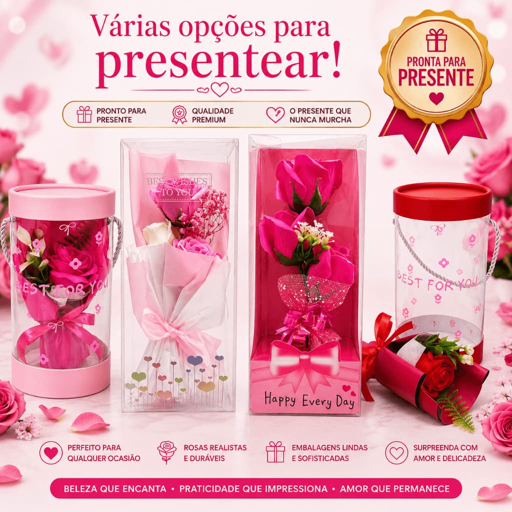 Buquê Rosa Artificial Caixa presente Rosa Eterna Decorativa  Dia dos Namorados dias das maes supresa