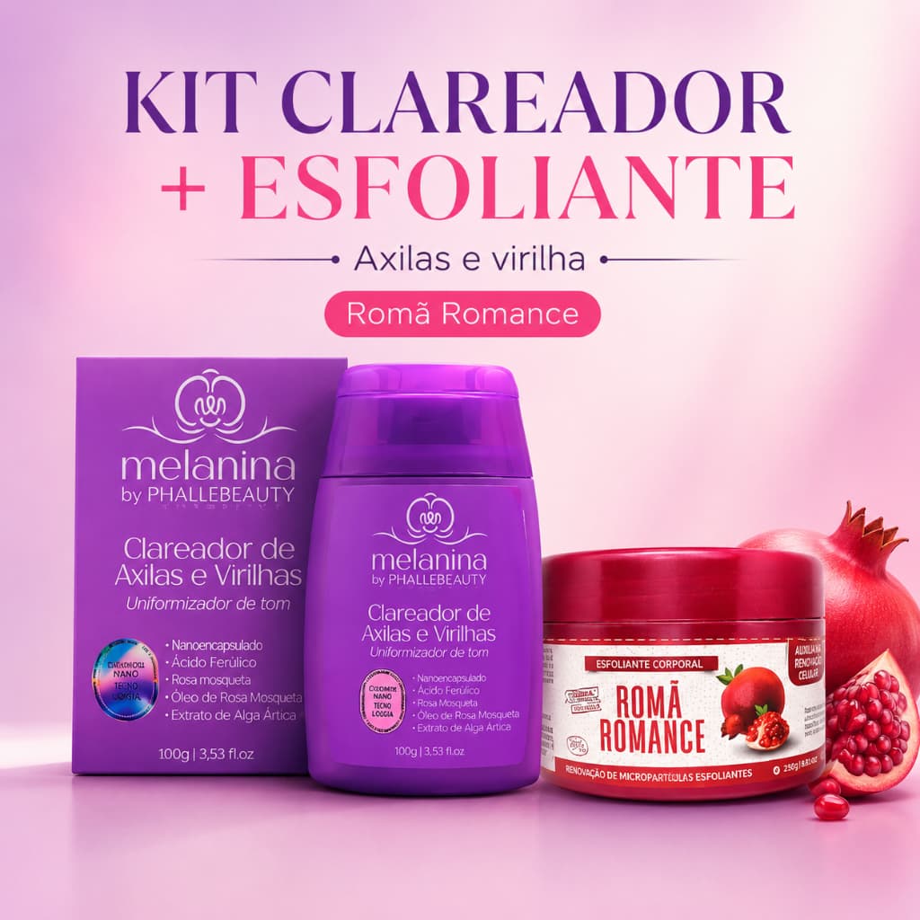 Kit Clareador de Axilas e Virilha Phallebeauty + Esfoliante Corporal Romã Romance Pele Uniforme