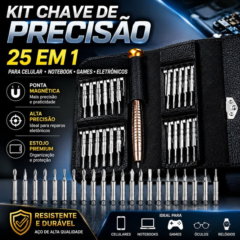 Kit Chaves de Precisão Profissional 25 em 1  Estojo de Couro Ferramentas Celular Notebook Torx Alen Philips Pequena