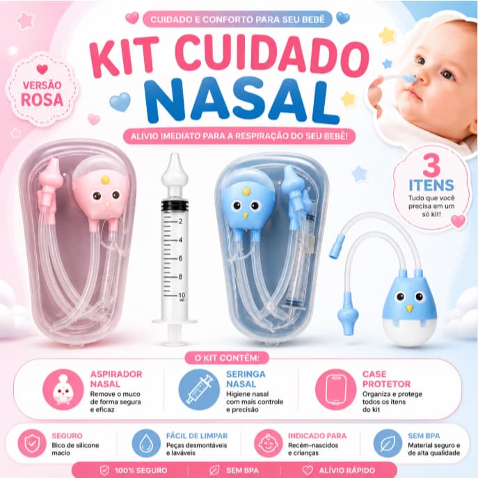 Kit Aspirador Nasal para Bebê 3 em 1 com Seringa e Case | Limpeza Segura Recém-Nascido Rosa e Azul