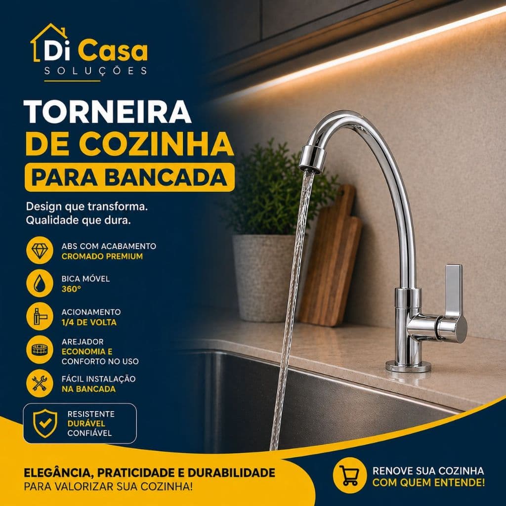 Torneira Cozinha ABS Cromada Bancada 1/4 Volta