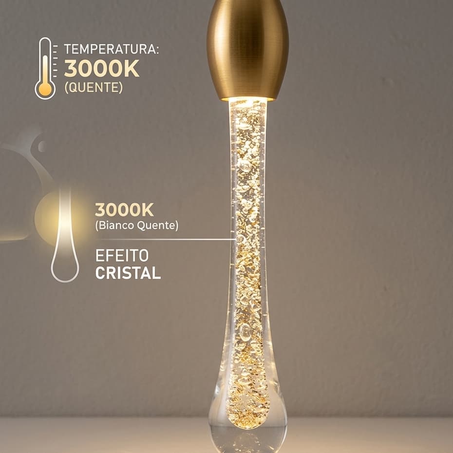Lustre Luminária Pendente Cristal Bolhas Gota Led Integrado Dourado 110v220v Bivolt, Decorativo