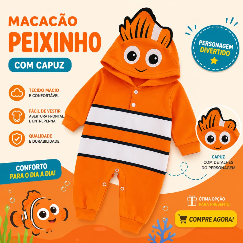 Roupa de Bebê Macacão Tematicos Personagens com Capuz  NEMO