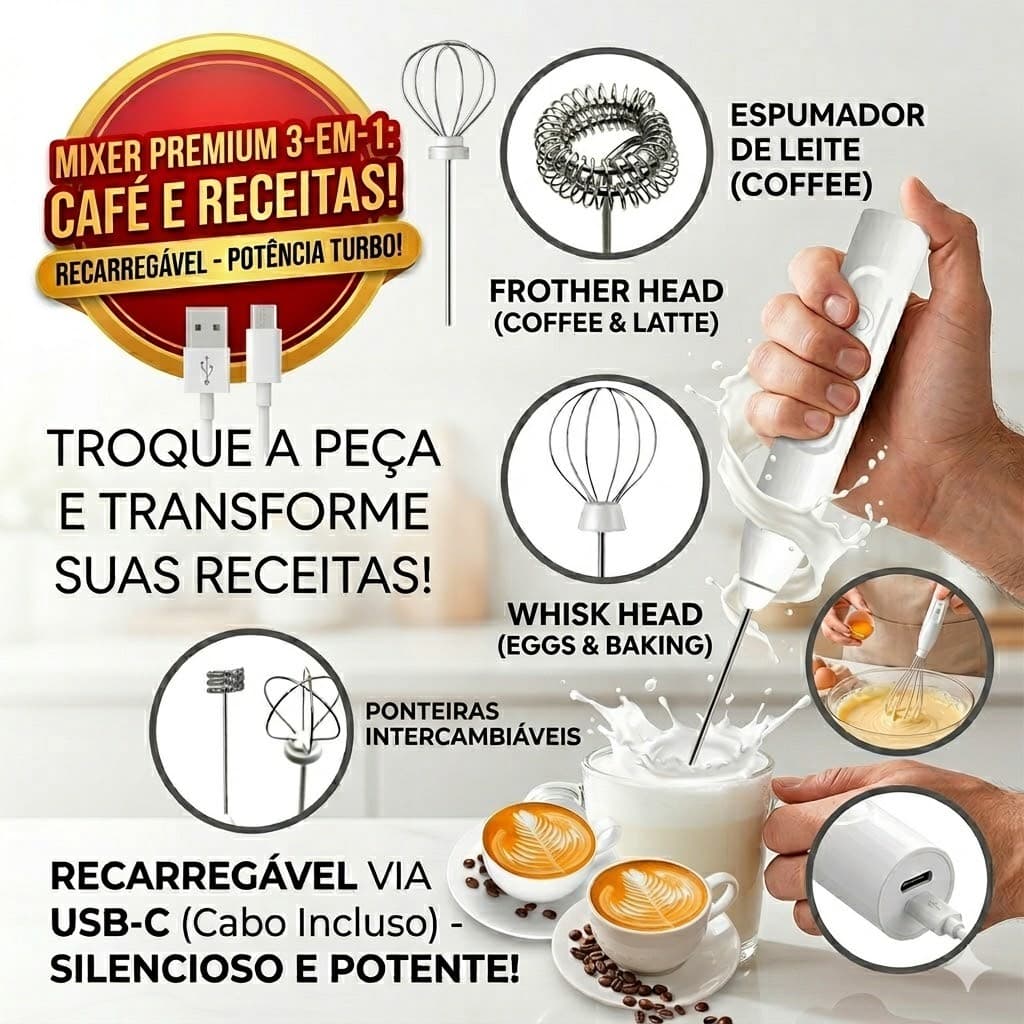 Mixer Espumador de Leite Elétrico Portátil Recarregável USB Misturador de Café e Ovos 2 em 1