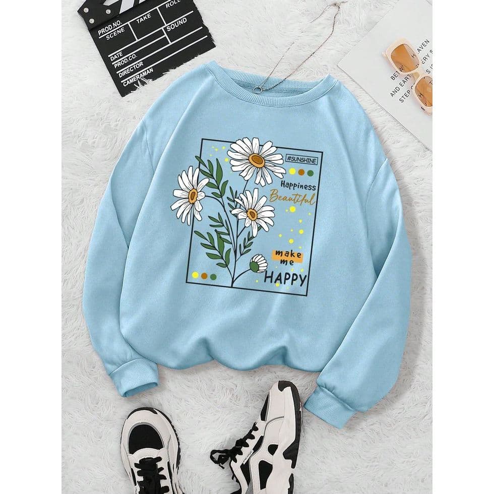 Moletom Feminino Estampado Margarida Gola Careca Blusão Florido Sem capuz Casual Algodão