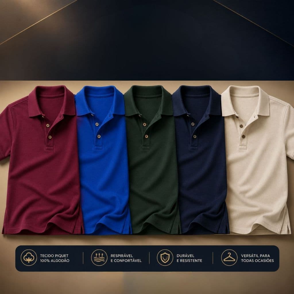 Polo Masculina Kit 5 Peças Piquet Alta Qualidade