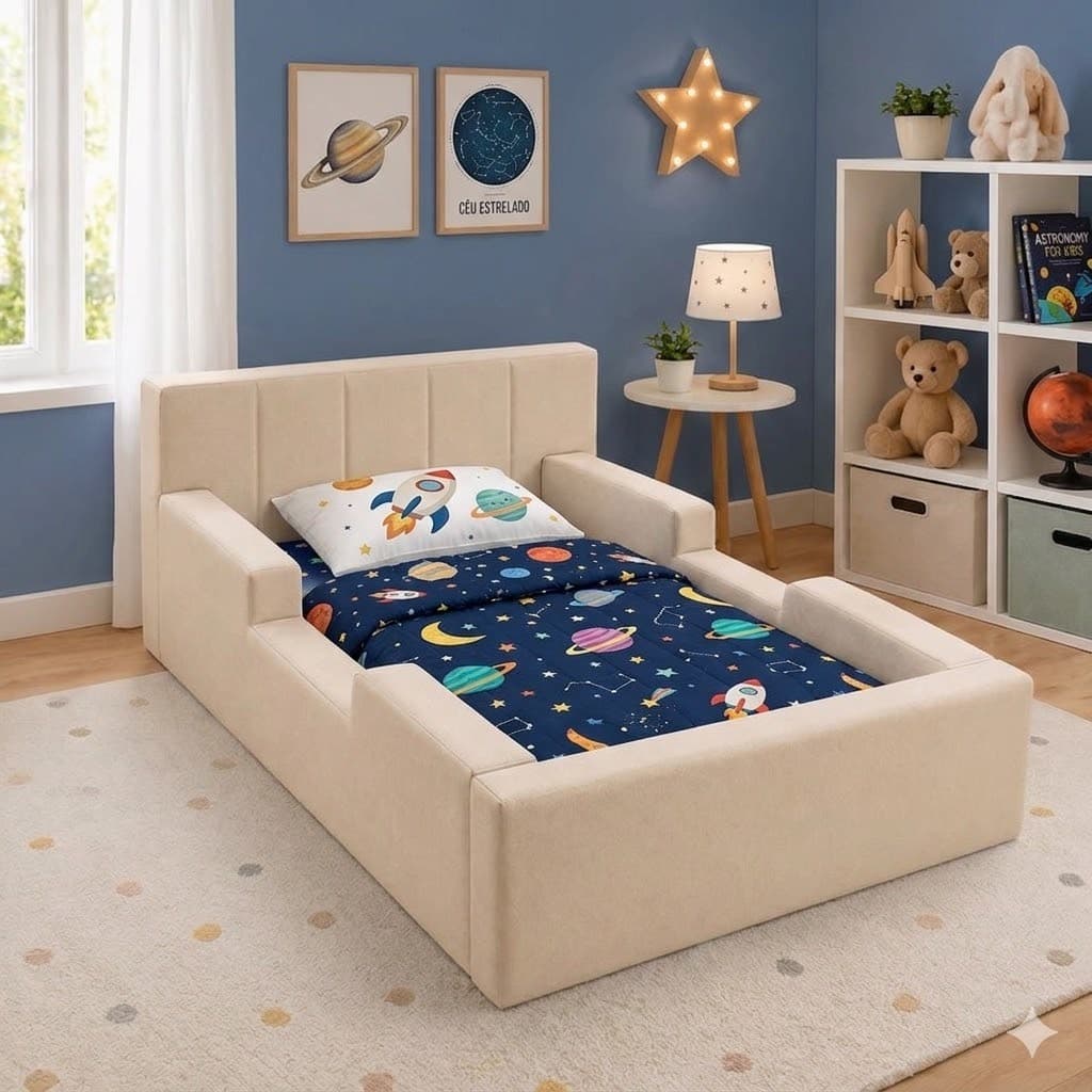 Mini Cama Montessoriana 168cm Estofada Com Colchão E Fechamento Em Velcro