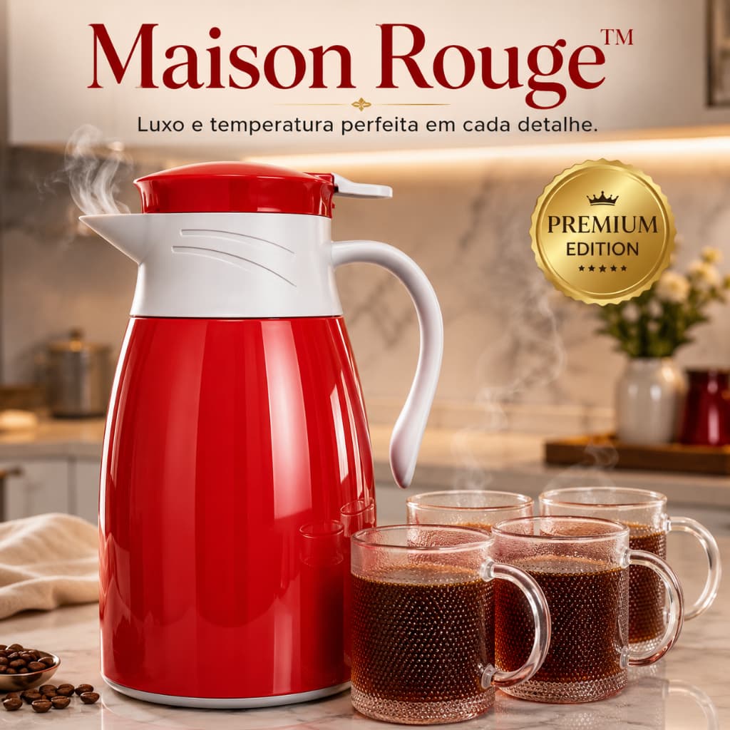 Maison Rouge™ Garrafa Térmica Premium 1,9L + 4 Canecas de Vidro | Kit Elegante Vermelho