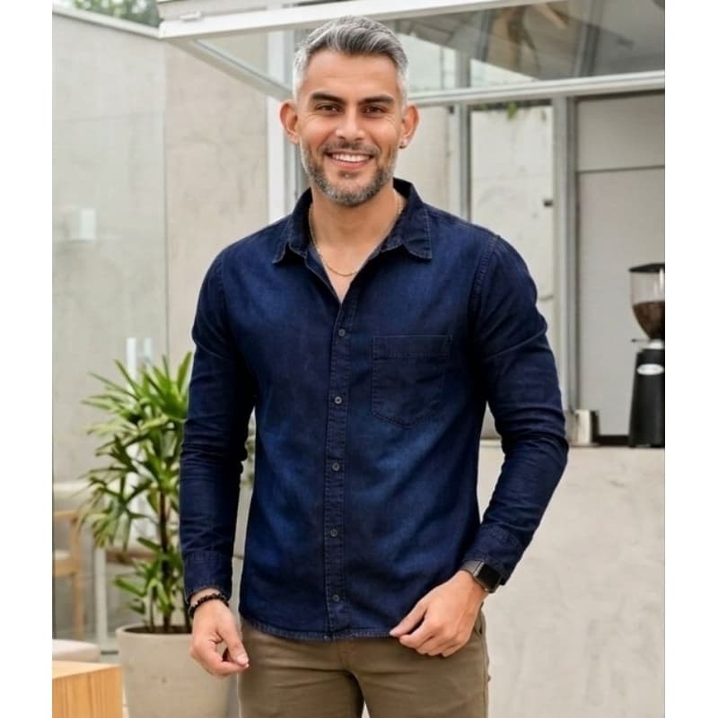 Camisas Sociais Masculina Manga Longa No Jeans e Cores, Casual Slim Fit.Boa  pro Trabalho e Lazer.