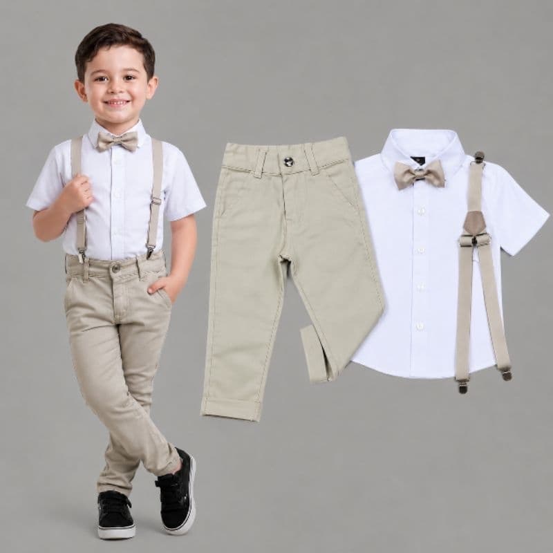 Kit Infantil Camisa Social Branca Calça Suspensório Gravata Festa