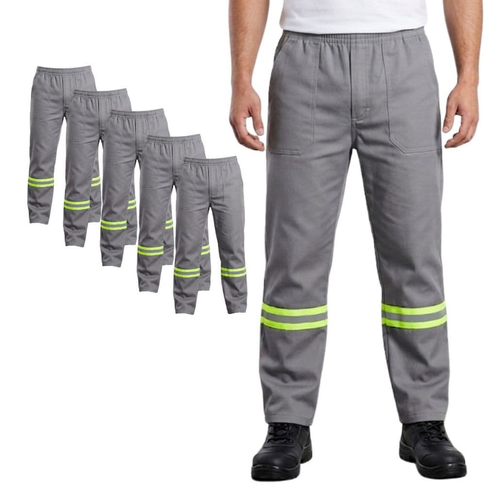 Kit 5 Calça Brim Cinza Masculina Operacional Faixa Refletiva