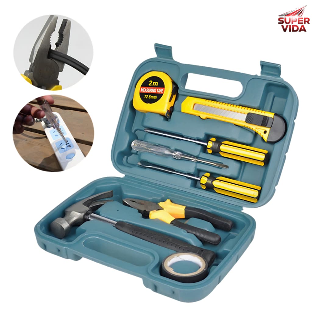 Kit de Ferramentas Domésticas 9 Peças com Maleta para Reparos Domésticos e Emergências