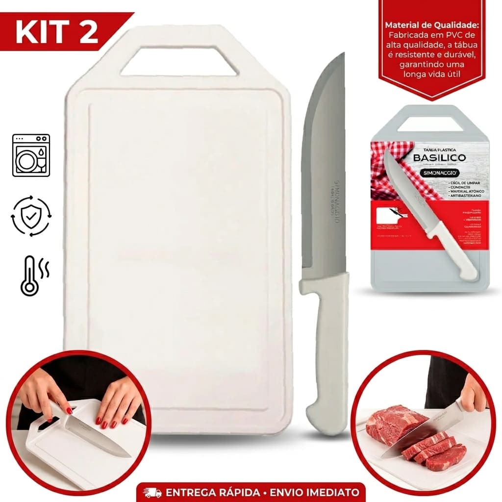 Tábua de Corte de Plástico + Faca de Cozinha Inox Kit com 2 unidades Prático Resistente e Higiênico