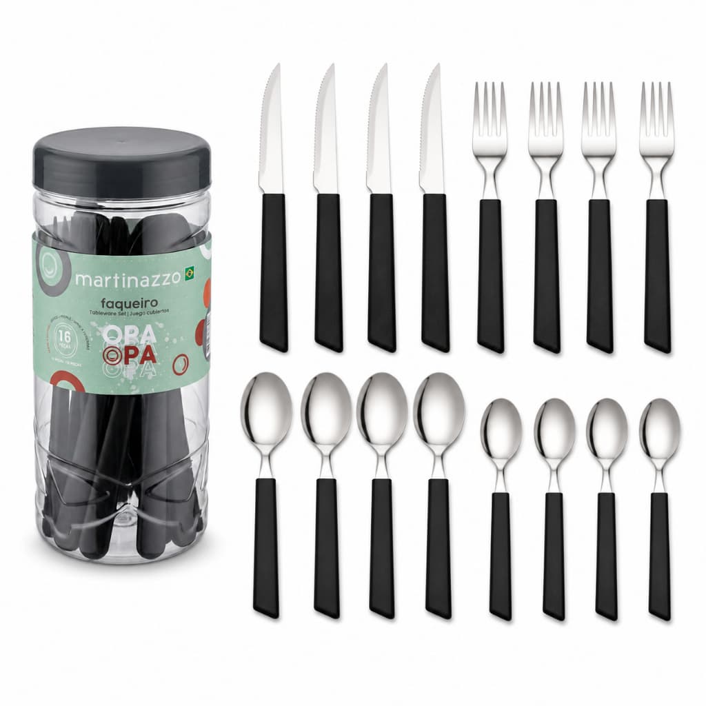 Faqueiro 16 Peças Inox Preto Vermelho Conjunto de Talheres