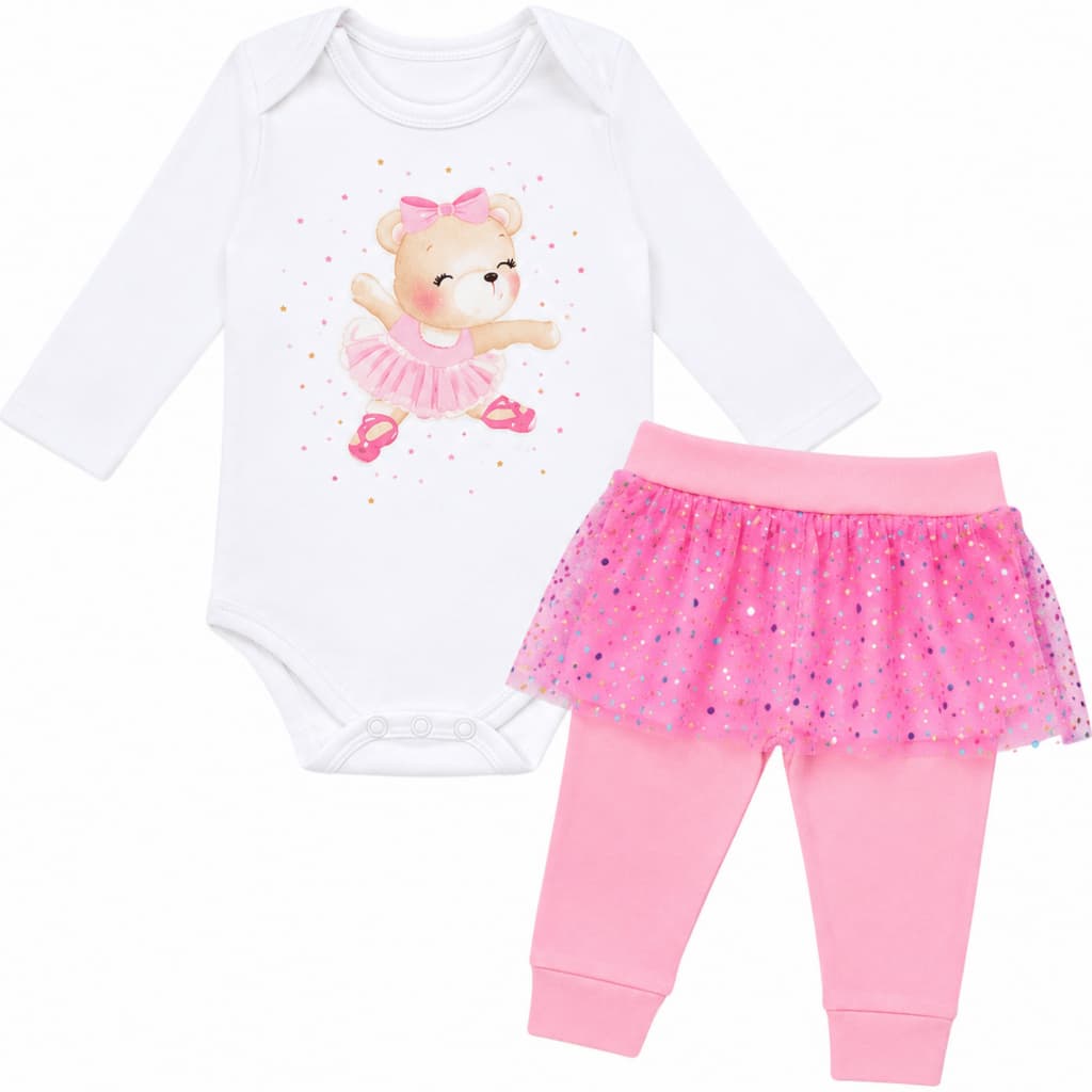 Conjunto Bebê Menina Body Manga Longa Bailarina e Calça Saia Tule Suedine 100% Algodão Inverno