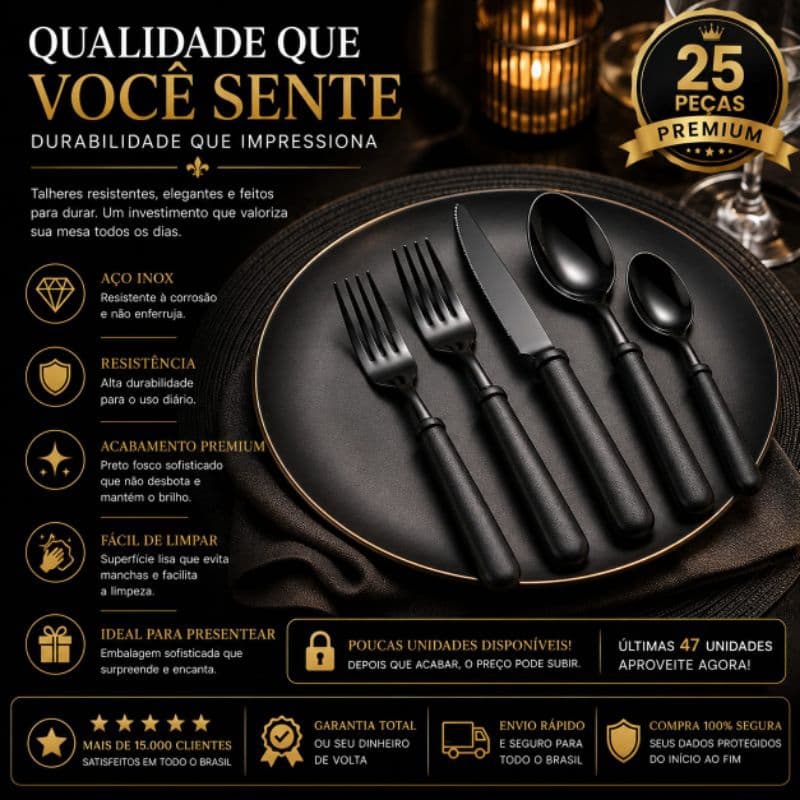 Jogo de Talheres Preto Premium 25 Peças Verona Élégance™ Cozinha Moderna Luxo