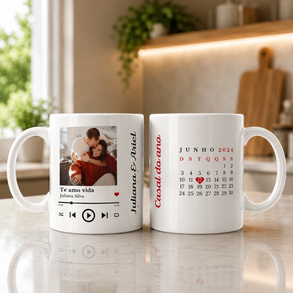 Caneca com Foto Casal Namorados Personalizada Presente Romântico com Nome e Data Xícara