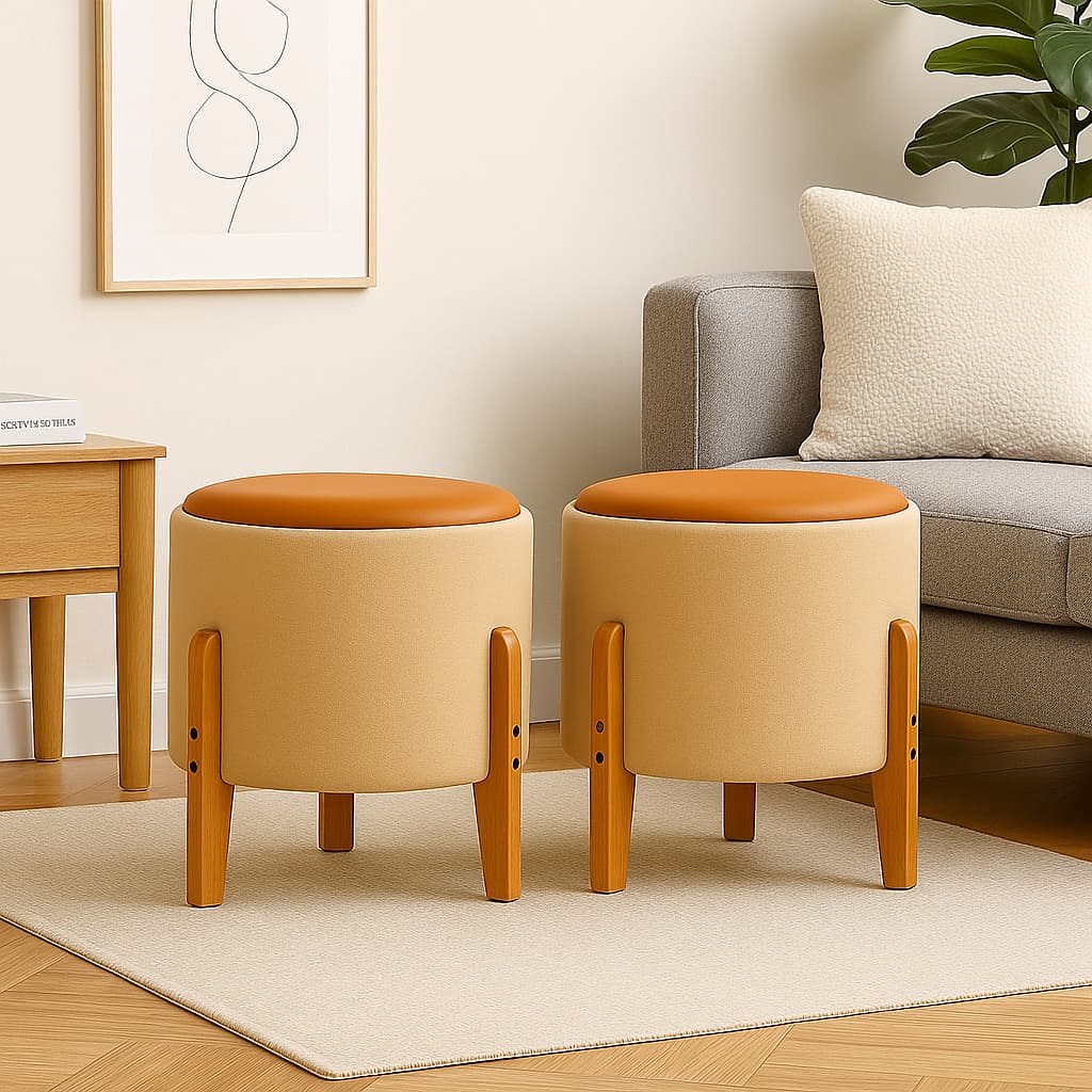 Puff Soft Bouclé Banqueta Assento Elegante com Couro e Pés de Madeira para Sala e Quarto