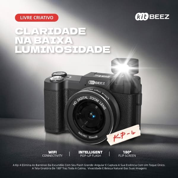 KiTBEEZ KP-4 Câmera Digital 75MP com Vídeo 5K | Tela Flip 180° | Zoom 18x | Ideal para Vlogs e Fotos