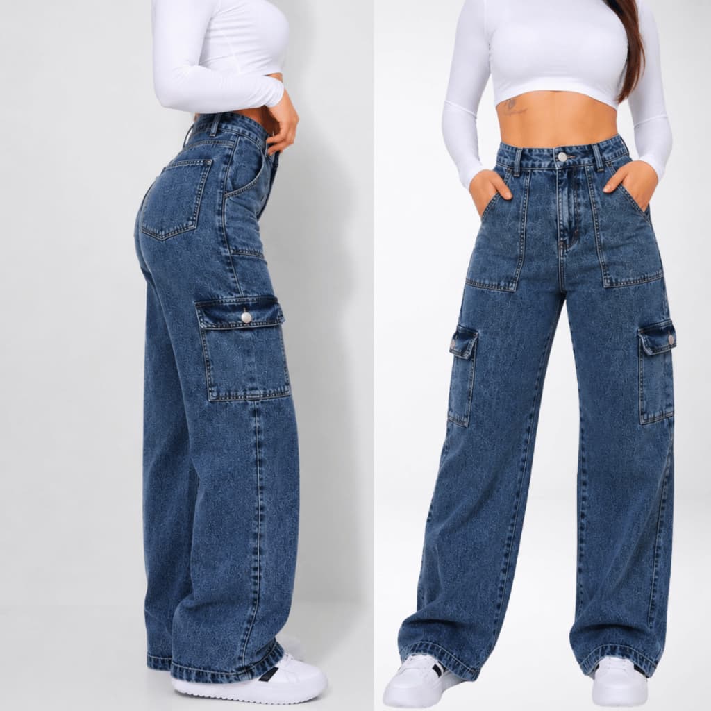 Calça Jeans Wide Leg Cargo Moda Feminina Pantalona Bolso Lateral Cintura Alta Jeans Premium