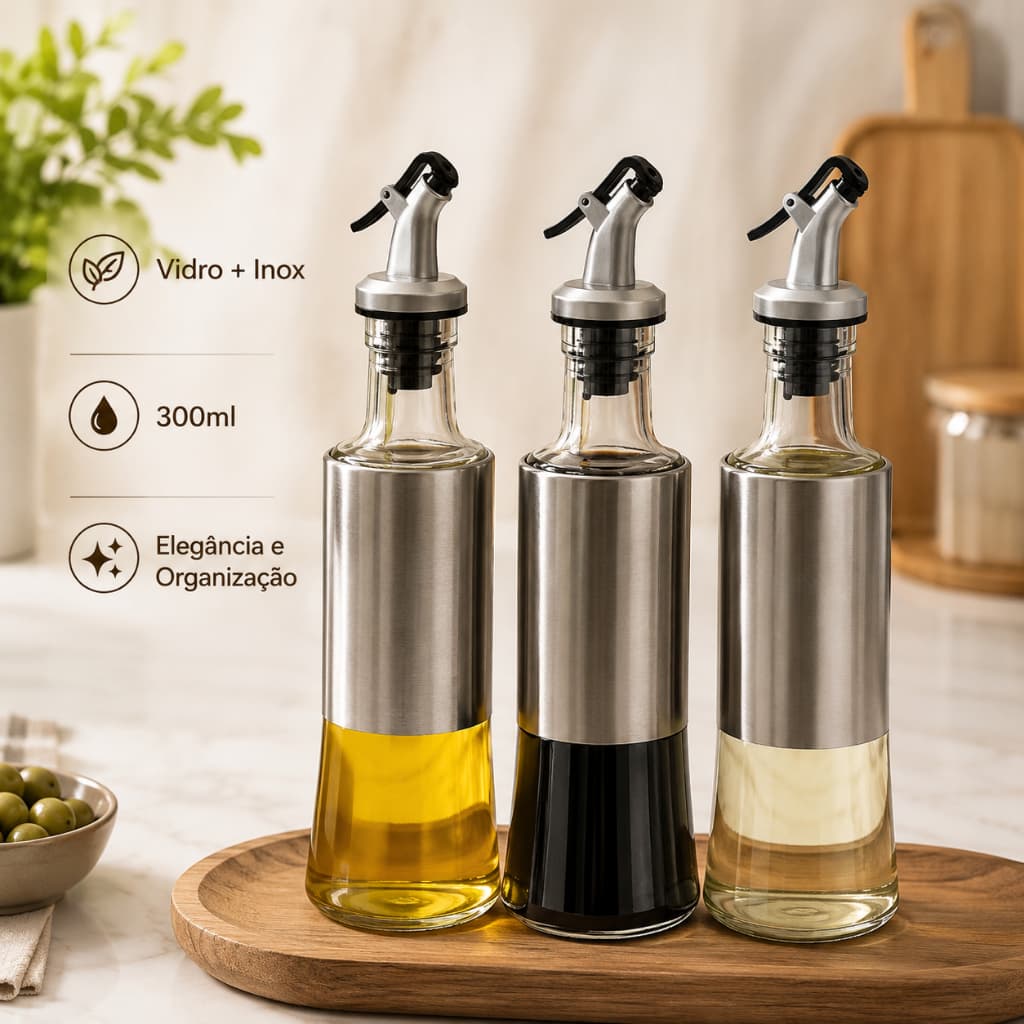 Kit 3 Dispenser Azeite Vidro 300ml Tampa Inox Porta Molhos Vinagre Cozinha