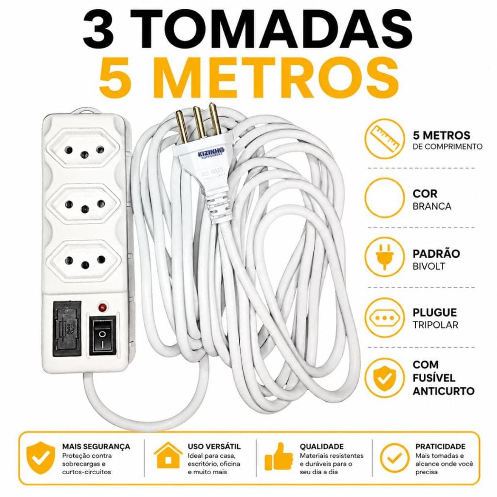 Filtro de Linha 3 Tomadas, 5 Metros, Branca, Bivolt 127/220, Com Fusível de Proteção