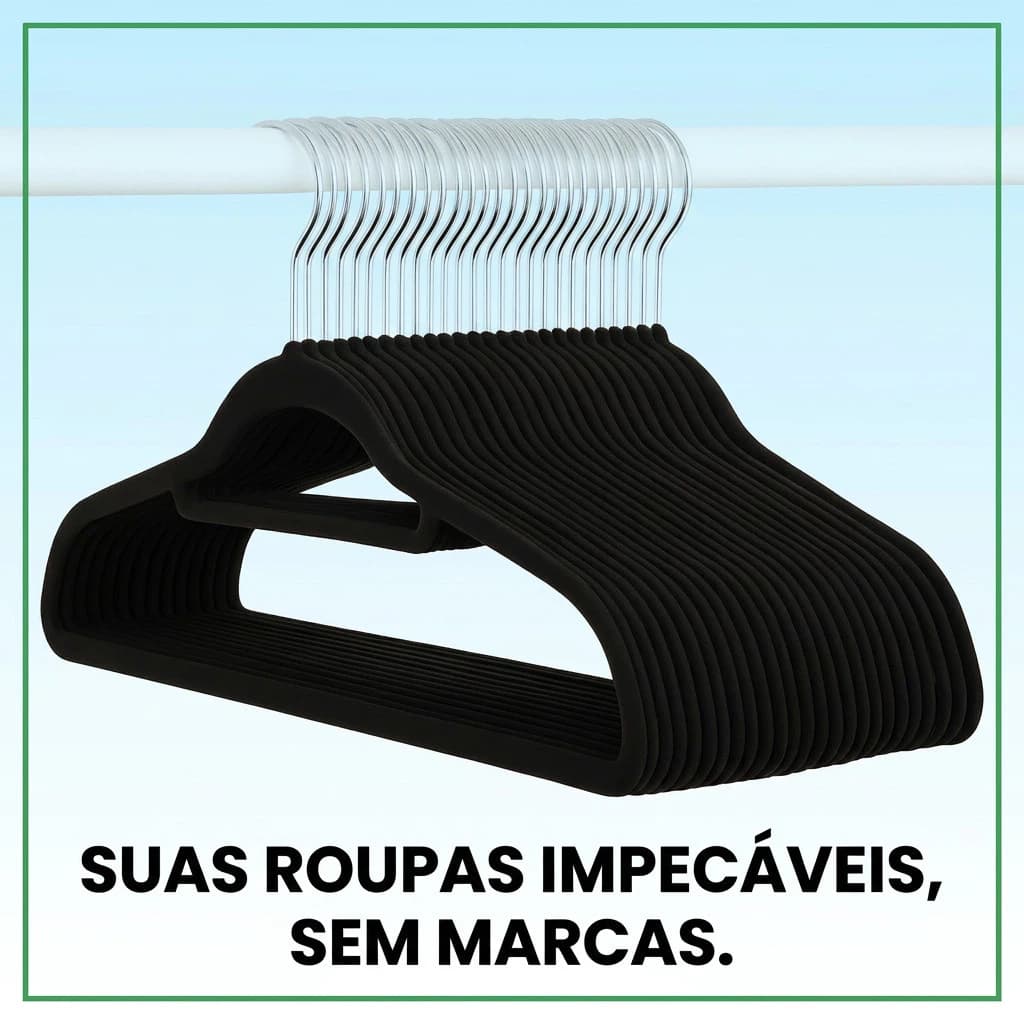 Kit 10 Cabides Veludo  Preto Antideslizante Closet Organização Guarda Roupa Gancho Camisa Blusa Suporte