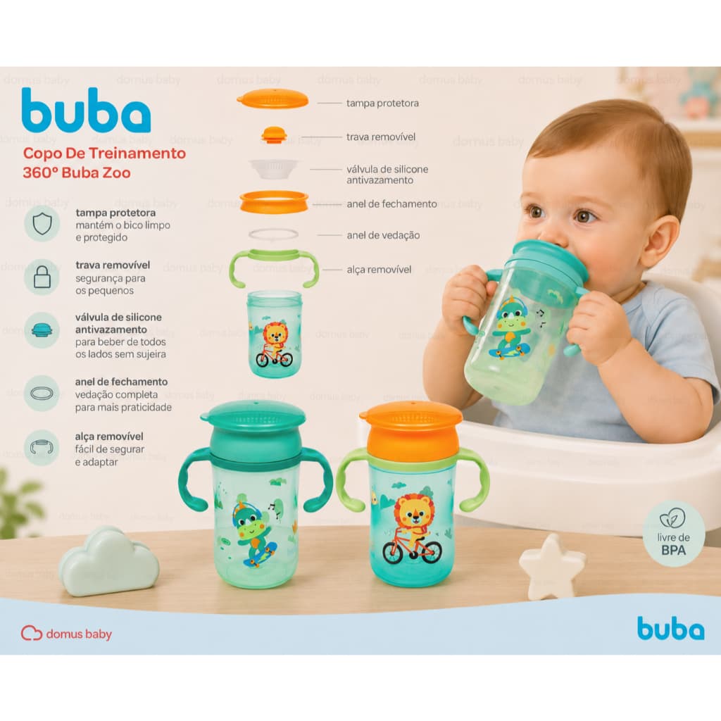 Copo de Treinamento 360º Buba Zoo 300ml Antivazamento Bebê